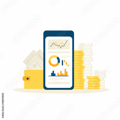 Vector illustration with online investment management concept, currency exchange, finance.