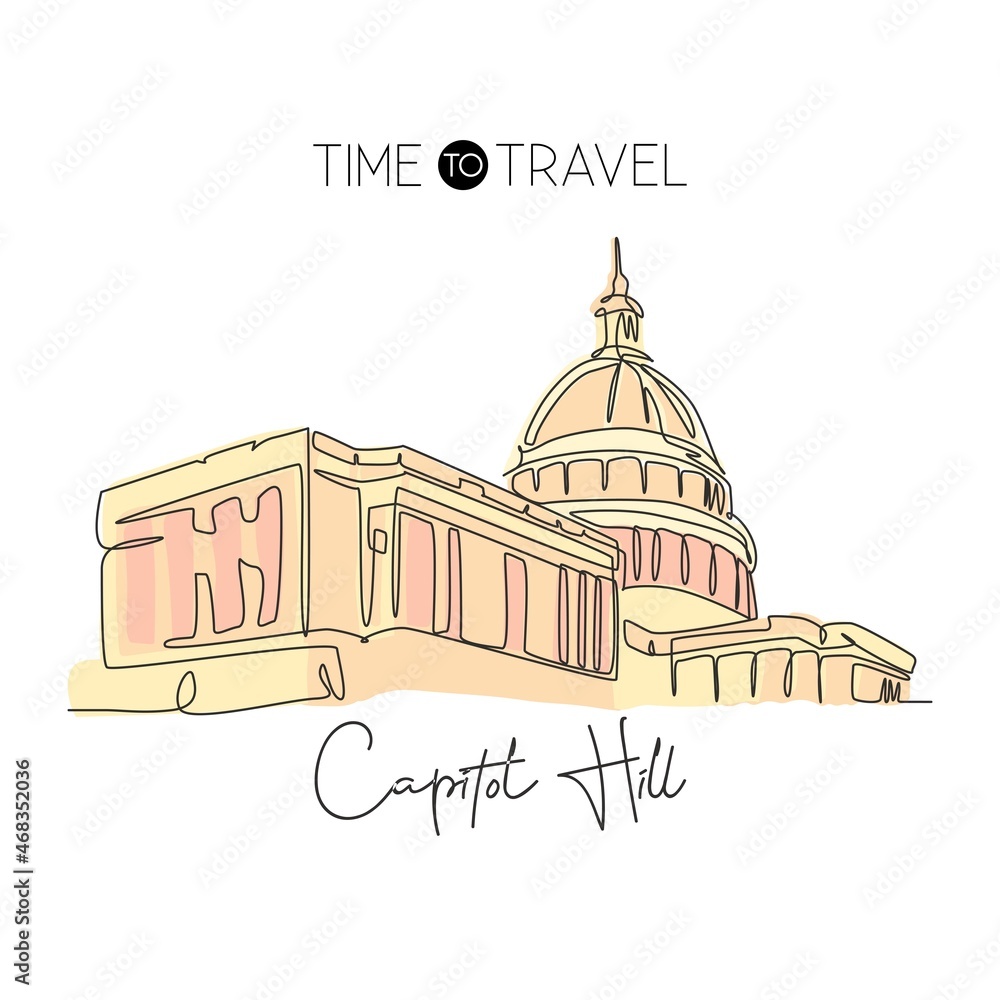Single continuous line drawing Capitol Hill landmark. Iconic famous place in Washington DC, USA. World travel home wall decor art poster print concept. Modern one line draw design vector illustration