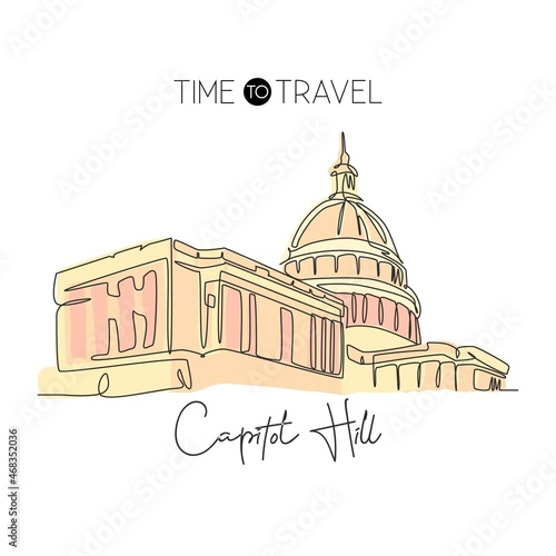 Single continuous line drawing Capitol Hill landmark. Iconic famous place in Washington DC, USA. World travel home wall decor art poster print concept. Modern one line draw design vector illustration