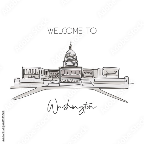 One single line drawing Capitol Hill landmark. World famous place in Washington DC, USA. Tourism travel postcard wall decor home art poster. Modern continuous line draw design vector illustration