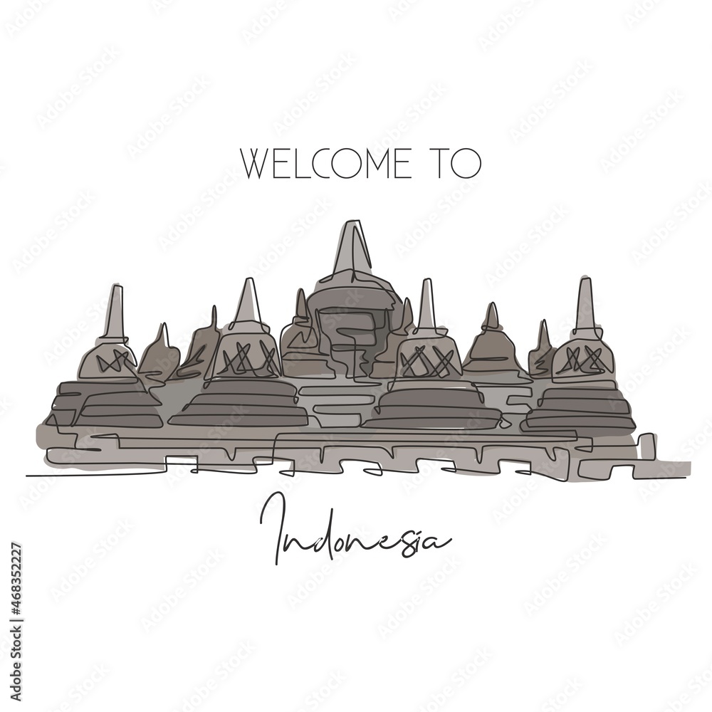 Single continuous line drawing Candi Borobudur Temple landmark. Beautiful famous place in Indonesia. World travel home wall decor poster print concept. Modern one line draw design vector illustration