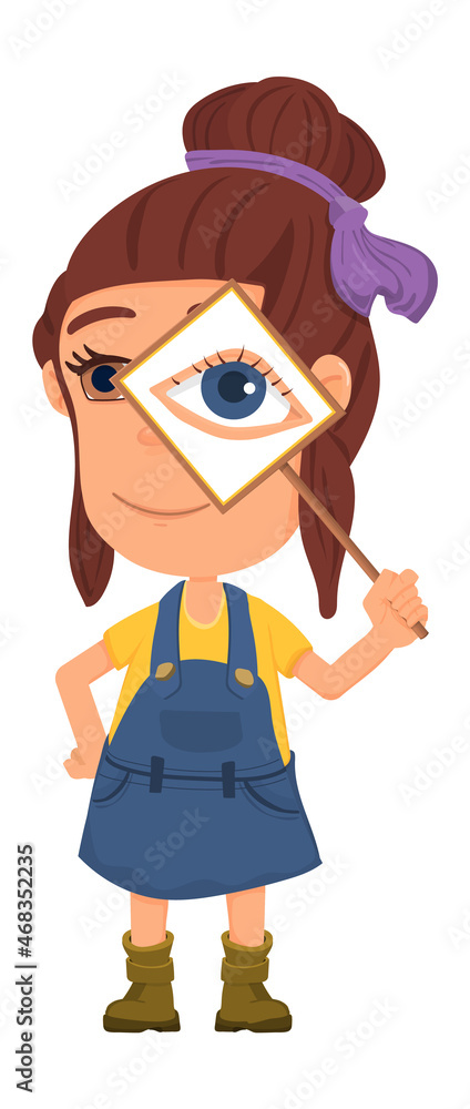 Girl with eye placard. Looking concept. Cute cartoon kid Girl with eye placard. Looking concept. Cute cartoon kid