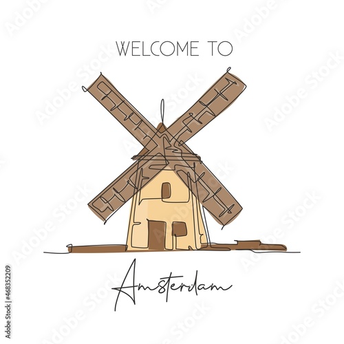 Single continuous line drawing Molen De Adriaan Windmill landmark. Beauty famous place in Netherlands. World travel home decor wall art poster concept. Modern one line draw design vector illustration photo