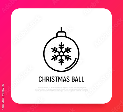 Christmas ball with snowflake thin line icon. Modern vector illustration.