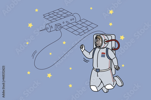 Astronaut in costume connected to satellite in open space. Spaceman with orbital body in universe. Opening new horizons concept. Enlightenment and discovery. Flat vector illustration. 