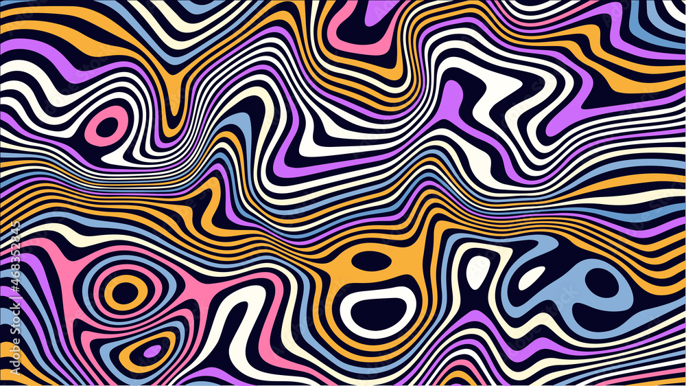 Psychedelic groovy background. Liquefy lines effect. Wavy multi colored groovy wallpaper. Colorful wavy lines.