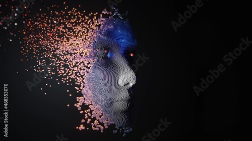 Artificial intelligence concept. Face consisting of blocks. 3D animation