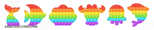 Set of sea animal forms pop it a fashionable rainbow fidget toys. Addictive anti stress toy in bright colors. Bubble sensory trendy popit for kids. Vector illustration isolated on a white background.