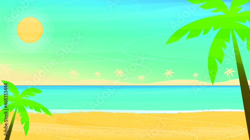 Fototapeta Naklejka Na Ścianę i Meble -  Beach and sea.  Sand beach. Blue sea and palms. Rest by the sea. Vector illustration. Ocean shore wallpaper and background.