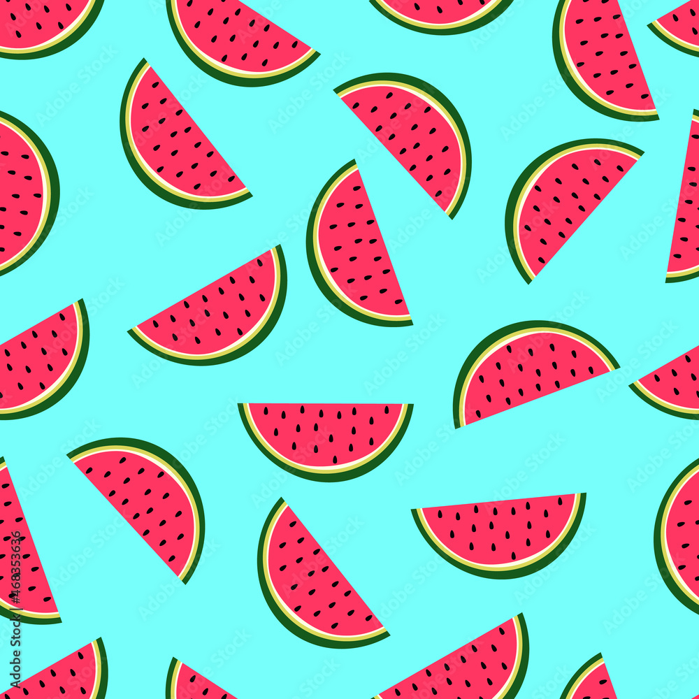 Summer seamless pattern with watermelons in doodle style on blue background Summer seamless pattern with watermelons in doodle style on blue background