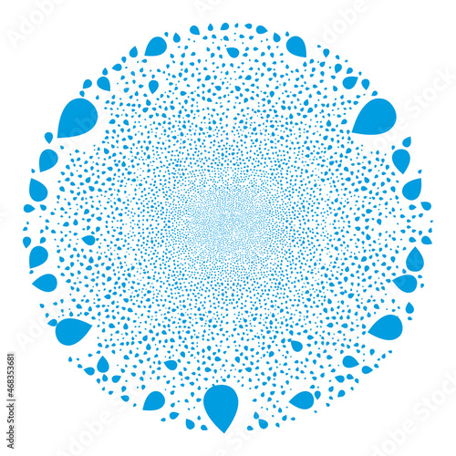 Water drop fireworks spheric cluster. Object pattern is created from random water drop icons as exploding spheric cluster. Abstract spheric globula collage designed from water drop items.