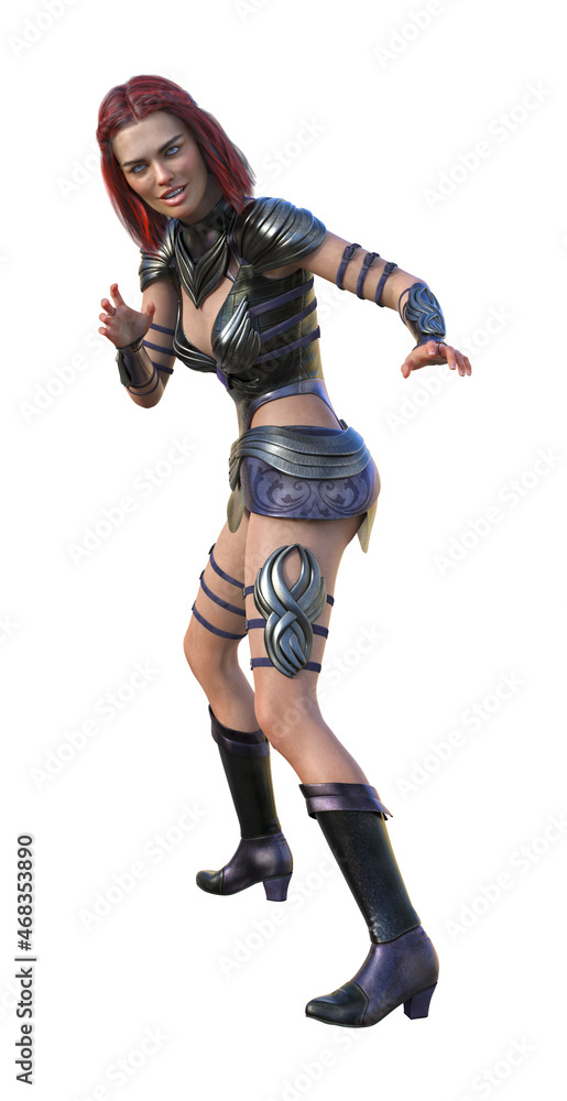3d illustration of a woman warrior in a combative pose with a smile on her face on a white background. 3d illustration of a woman warrior in a combative pose with a smile on her face on a white background.
