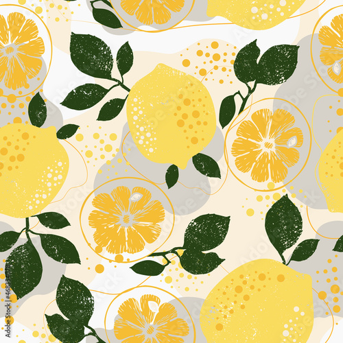 Seamless vector pattern of lemons with leaves on an abstract background. Citruses in doodle style. Sketch of fresh tropical fruits, healthy food. A repeating sample with a retro effect.