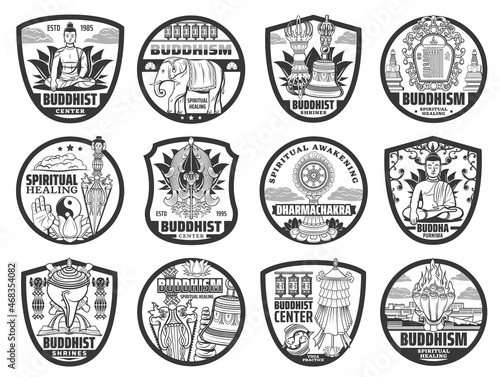 Buddhism religion symbols isolated vector icons. Buddhist symbolic dharmachakra, shrines, lotus and prayer wheels. Buddha statue, precious umbrella, Dharma wheel or spiritual healing and yoga practice