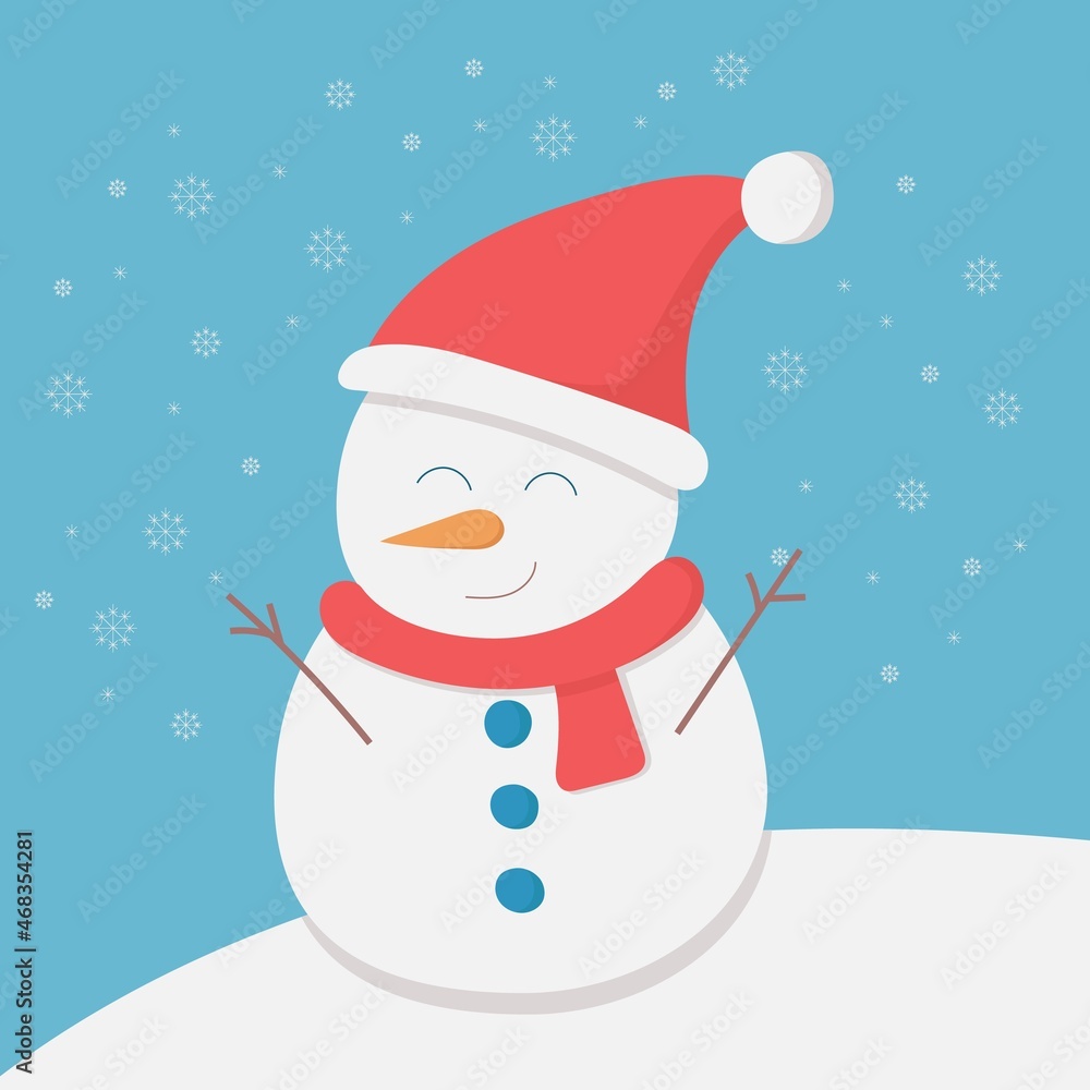 Fototapeta premium Greeting Christmas card with cute snowman on blue background with white snowflakes. Post card vector illustration concept, copy space