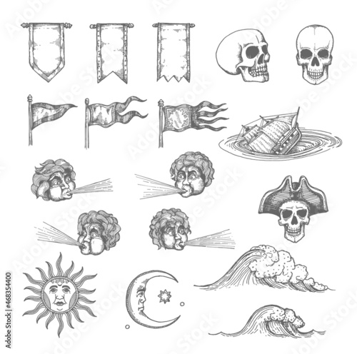 Vintage map sketch elements. Sun and moon, wind, tsunami and water wave, skull and pennant. Ancient cartography hand drawn vector decoration, sailing or treasure hunting map pirate skull, sinking ship