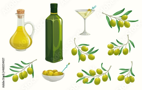 Green isolated olives and oilbottle. Greek, italian olives branch and jug. Vector ripe fruits and extra virgin product. Mediterranean cuisine, stuffed olives in bowl, natural organic food