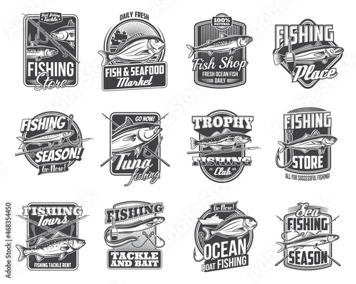 Fish and fishing sport tackle isolated vector icons. Fishing rod, fisherman boat and hook monochrome badges with salmon, tuna, mackerel and eel, sheatfish, anchovy and sardine, bream and sea bass photo