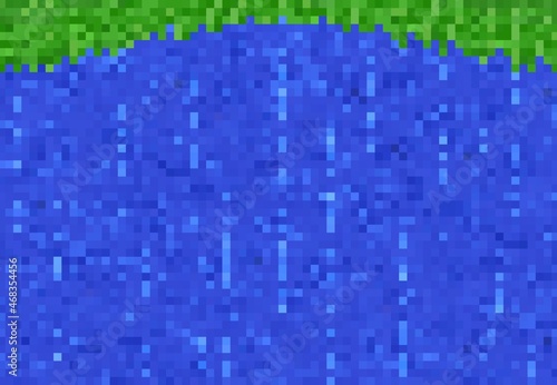 River water, lake or waterfall cascade cubic pixel game blocks pattern. Computer, eight-bit console or arcade game level environment design background, vector texture with water and grass
