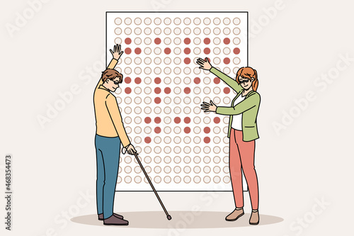 Blind people learn braille alphabet on board in school together. Disabled man and woman communicate read use symbols sign language. Equality and disability concept. Flat vector illustration. 