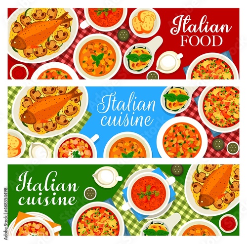 Obraz na plátně Italian food vector vegetable salad caponata, milanese cream soup and fish sicilian