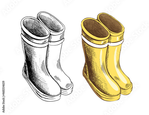 Rubber boots hand-drawn vector illustration. Autumn waterproof  boots. Classic waterproof shoes. A design sketch element  on a white background. Drawing with an ink pen.
