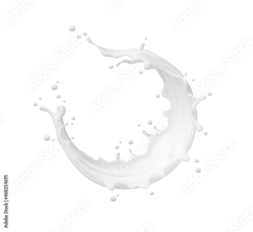 Milk round swirl frame splash with splatter and white milky drops, realistic vector. Milk splash or cream drink pouring wave and liquid yogurt swirl for dairy products pouring flow background