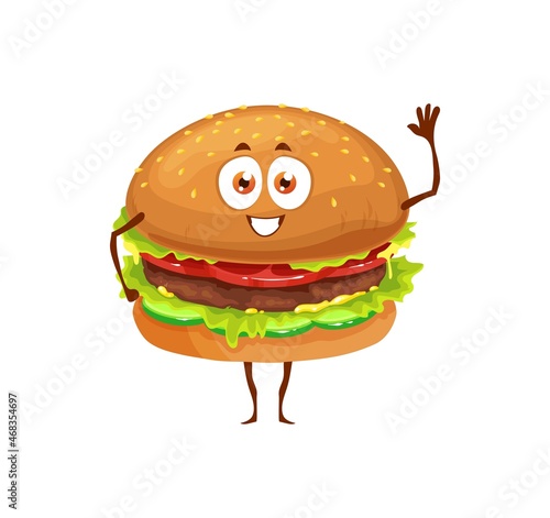 Cartoon funny fast food hamburger character. Vector fastfood meal mascot, happy burger emoji, beefburger with meat and vegetables waving hand. Junk meal character isolated on white