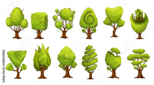 Cartoon fantasy forest and jungle trees. Fantastic game asset isolated trees set. Decorative landscape plants and shrubs. Vector natural park objects with green trimmed crown and brown trunks