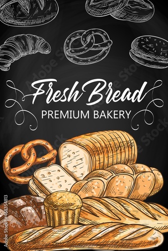 Bread and pastry food on chalkboard sketch vector. Baguette and batard, challah or brioche loaf, wheat, rye and cheese bread, pretzel and hamburger bun, fresh croissant. Bakery shop banner or poster