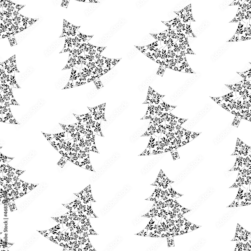 Obraz premium Seamless pattern Christmas trees flowers ornament vector illustration 