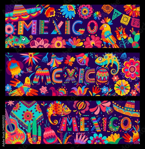 Fotografiet Cartoon Mexican holiday, music and culture vector banners with sombrero, guitars, birds, flowers and cactus