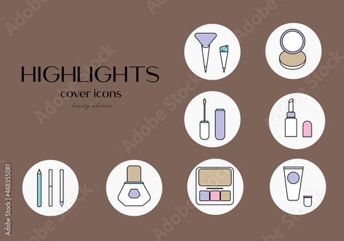 Highlight covers backgrounds. Set of beauty icons. Editable stroke. It is well suited for bloggers, cosmetics ad design and also for hairdressers, stylists, spas, beauty salons or cosmetologists.