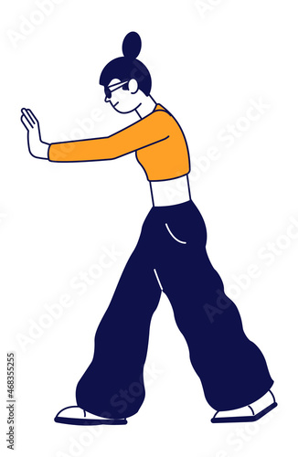 Pushing woman. Girl in wide pants standing. Side view