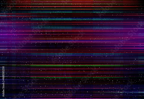 Glitch effect color distortion monitor, screen lines and pixel noise. Broken screen, computer display failure or problem or TV analog signal loss vector background with RGB pixels lines distortion photo