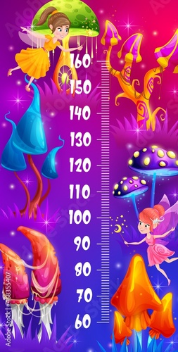 Kids height chart with cartoon magic mushrooms, fairy and sorceress. Children growth meter with fairytale creatures, forest fairies with magic wand, fantasy glowing vibrant colors mushrooms in grass
