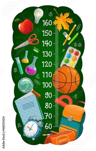 Cartoon school stationery on kids height chart. Children growth measure scale, child height meter with backpack, pencil case and copybook, alarm clock, basketball ball and flasks, paint, autumn leaf