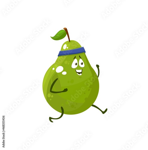 Cartoon pear running, fruit sportsman vector icon, funny character doing sport exercises, race on stadium isolated on white background. Healthy food run, sports lifestyle, organic nutrition symbol