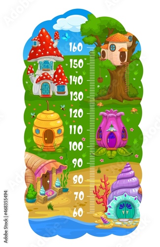 Kids height chart with cartoon houses, vector growth measure meter. Baby height meter or child tall scale ruler with homes of dwarf or gnome elf in mushroom, seashell and acorn or tree stump