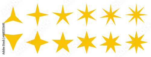 Set of yellow star icons. Stars symbols with different pointed: three, four, five, six, seven, eight. Vector illustration on white background