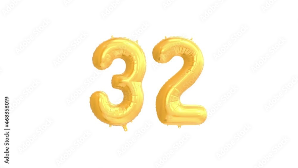 Helium Gold Balloon with Number - 32. Loop Animation with Alpha Luma Matte and Green Screen Background. Helium Gold Balloon with Number - 32. Loop Animation with Alpha Luma Matte and Green Screen Background.