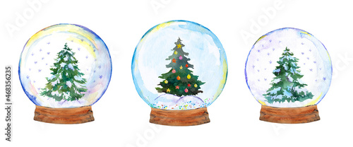 Set of snow globe - Christmas tree decorated by holiday baubles. Watercolor pine, spruce in transparent ball with snow, globe with xmas decor bundle