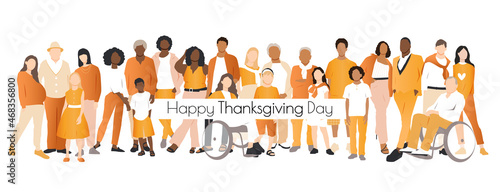 Happy Thanksgiving Day card. Multicultural group of families. Flat vector illustration.