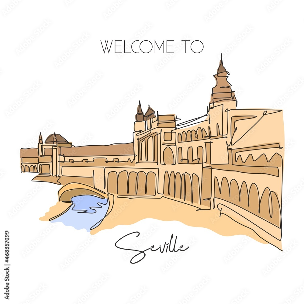 Obraz premium One continuous line drawing Plaza de Espana landmark. World iconic place in Sevilla Spain. Holiday vacation home wall decor art poster print concept. Modern single line draw design vector illustration
