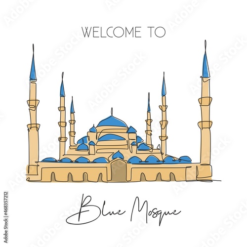 One single line drawing Blue Mosque landmark. Famous place in Istanbul, Turkey. Tourism travel postcard home decor wall art poster print concept. Modern continuous line draw design vector illustration