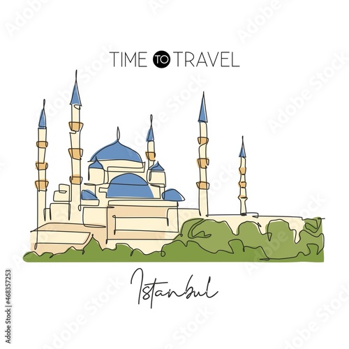 Single continuous line drawing Blue Mosque landmark. Beautiful famous place in Istanbul, Turkey. World travel home art wall decor poster print concept. Modern one line draw design vector illustration photo