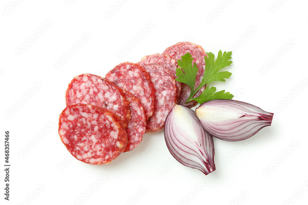 Сoncept of tasty food with salami sausage isolated on white background Сoncept of tasty food with salami sausage isolated on white background