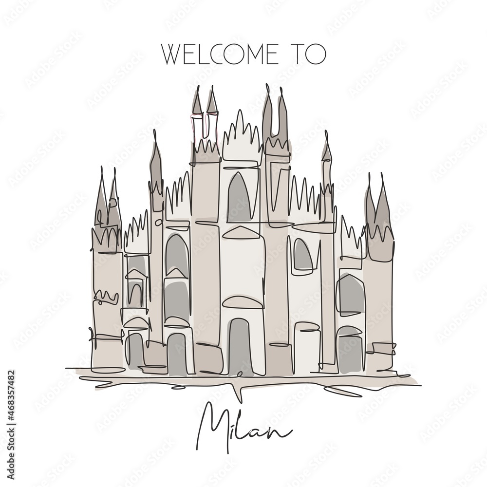One single line drawing Duomo di Milano landmark. World famous place in Milan, Italy. Tourism travel postcard home wall decor poster concept. Modern continuous line draw design vector illustrationa