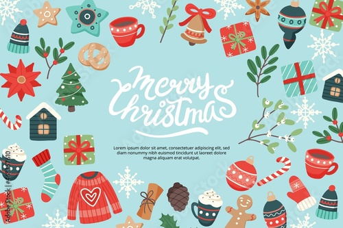 Christmas banner with lettering and cute seasonal elements, illustration in flat style