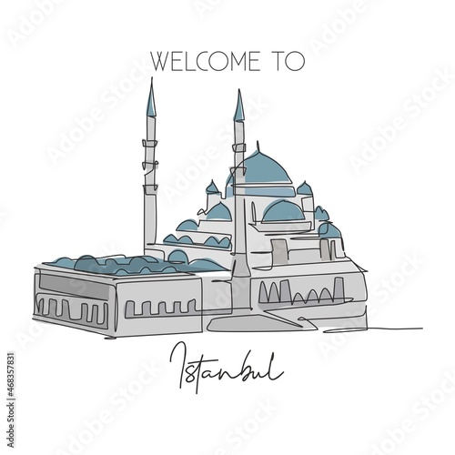 One single line drawing New Mosque landmark. World famous iconic cityscape in Istanbul Turkey. Tourism travel postcard wall decor poster concept. Modern continuous line draw design vector illustration